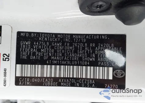 2020 Toyota Camry Se из США, поврежденный, VIN 4T1M11AK9LU911084